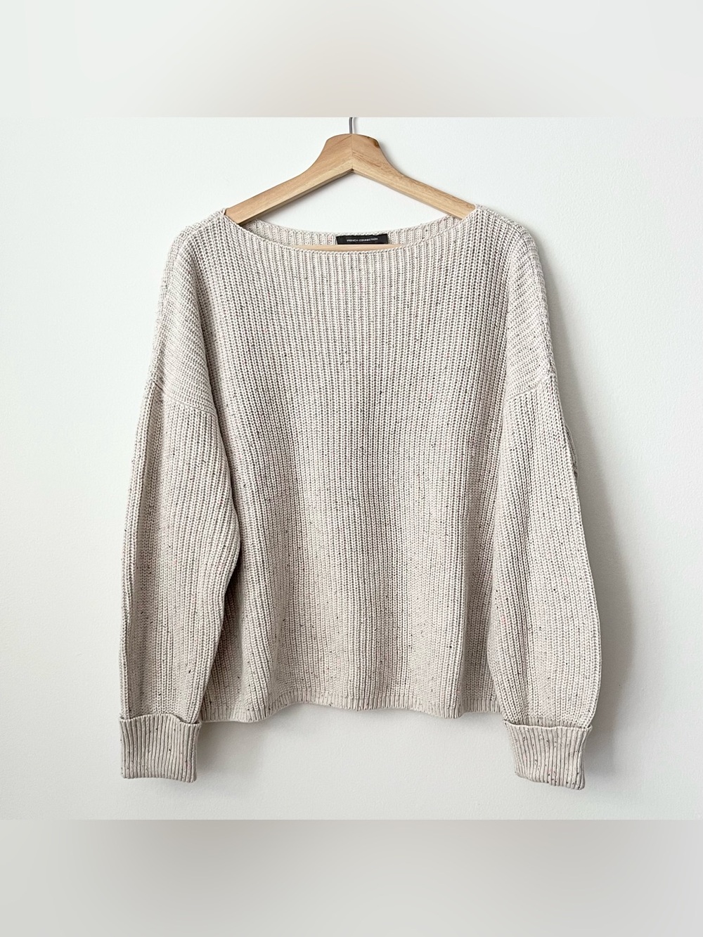 NWT French Connection Women's Cotton Sweater XS Light Gray Speckled Oversized